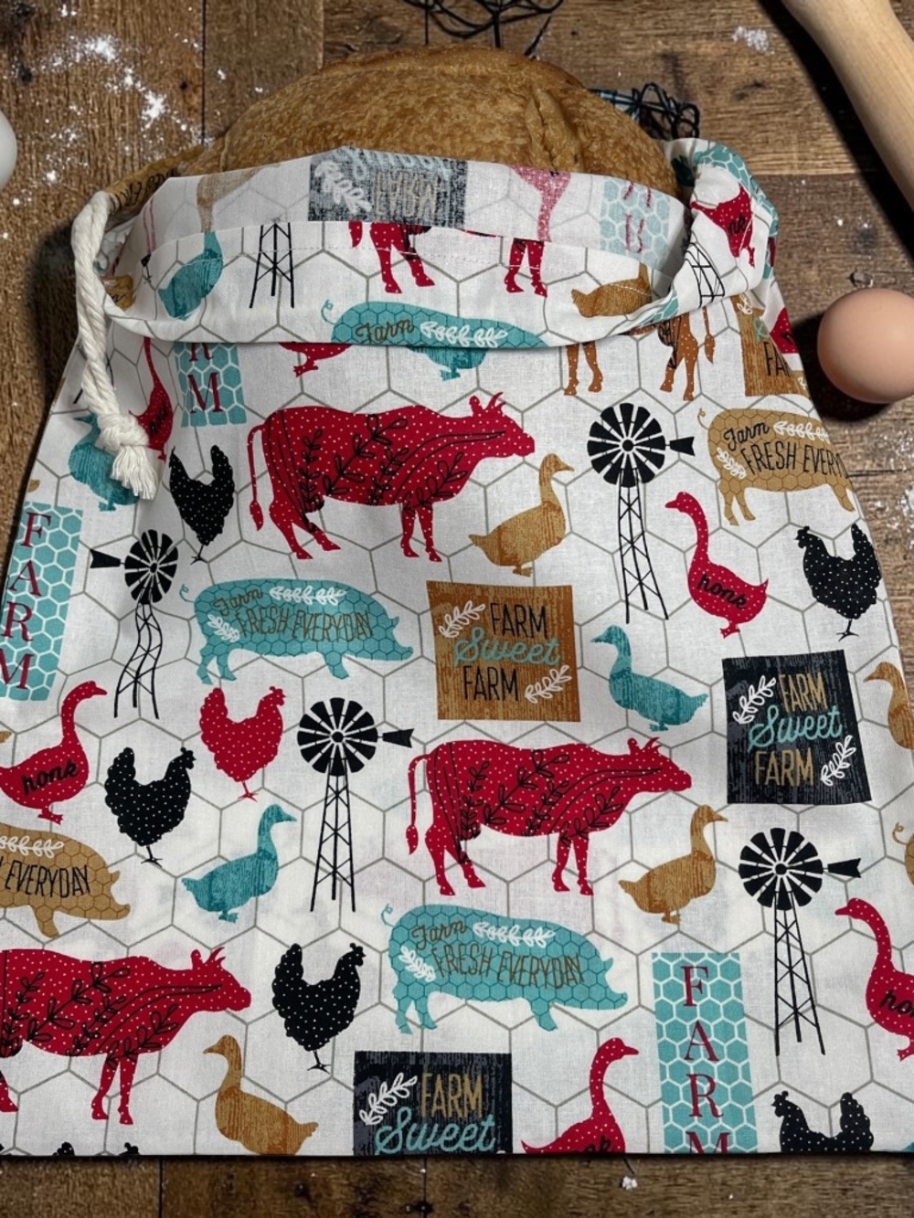 Farmhouse Cow and Chicken Cotton Bread Bag, Reusable Sourdough Storage, Handmade